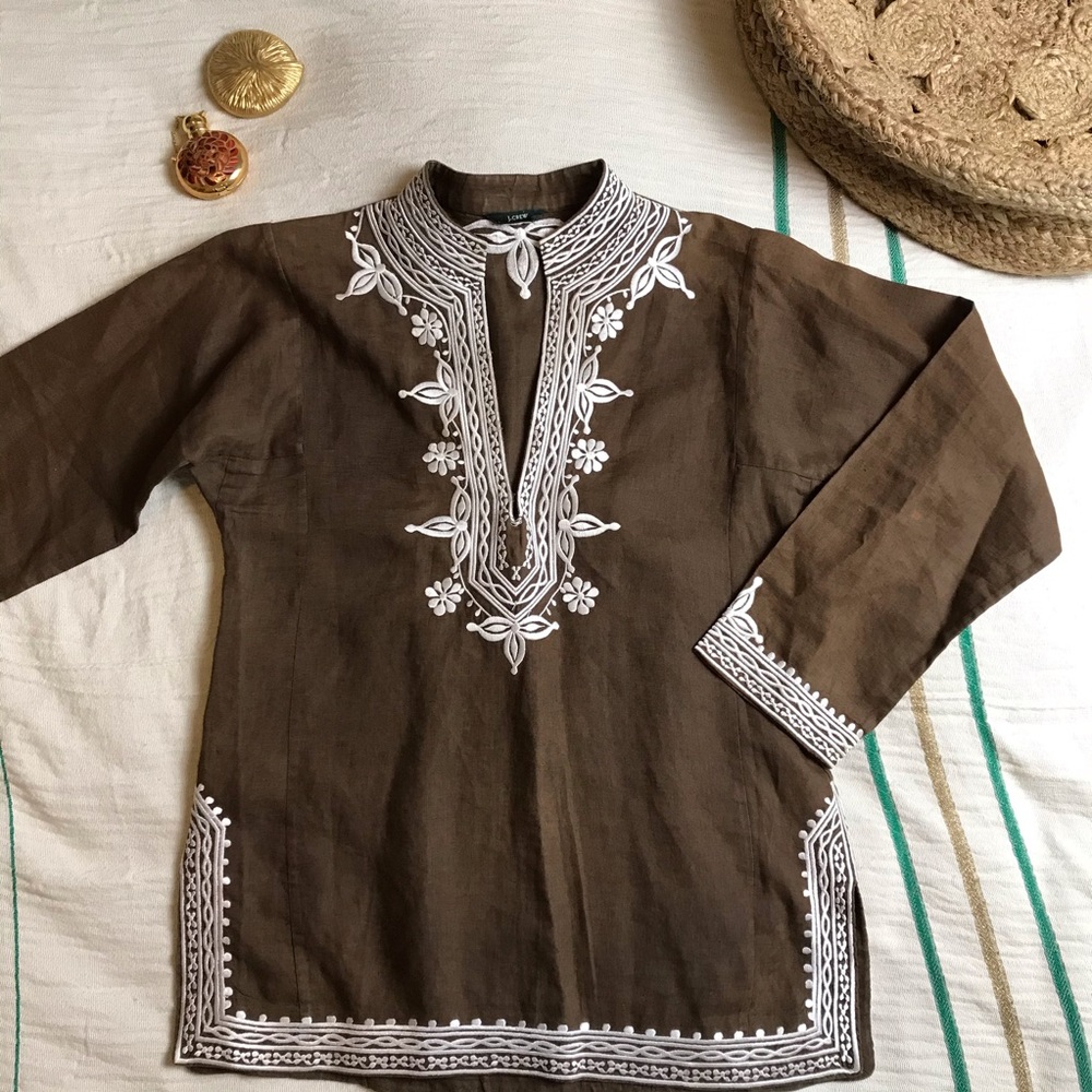 J. Crew Brown Embroidered Boho Linen Shirt 🌙